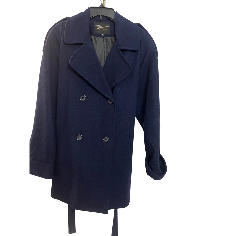 Metropolitan New York Double Breasted Belted‎ Wool Blend Coat Size 6 Navy Blue